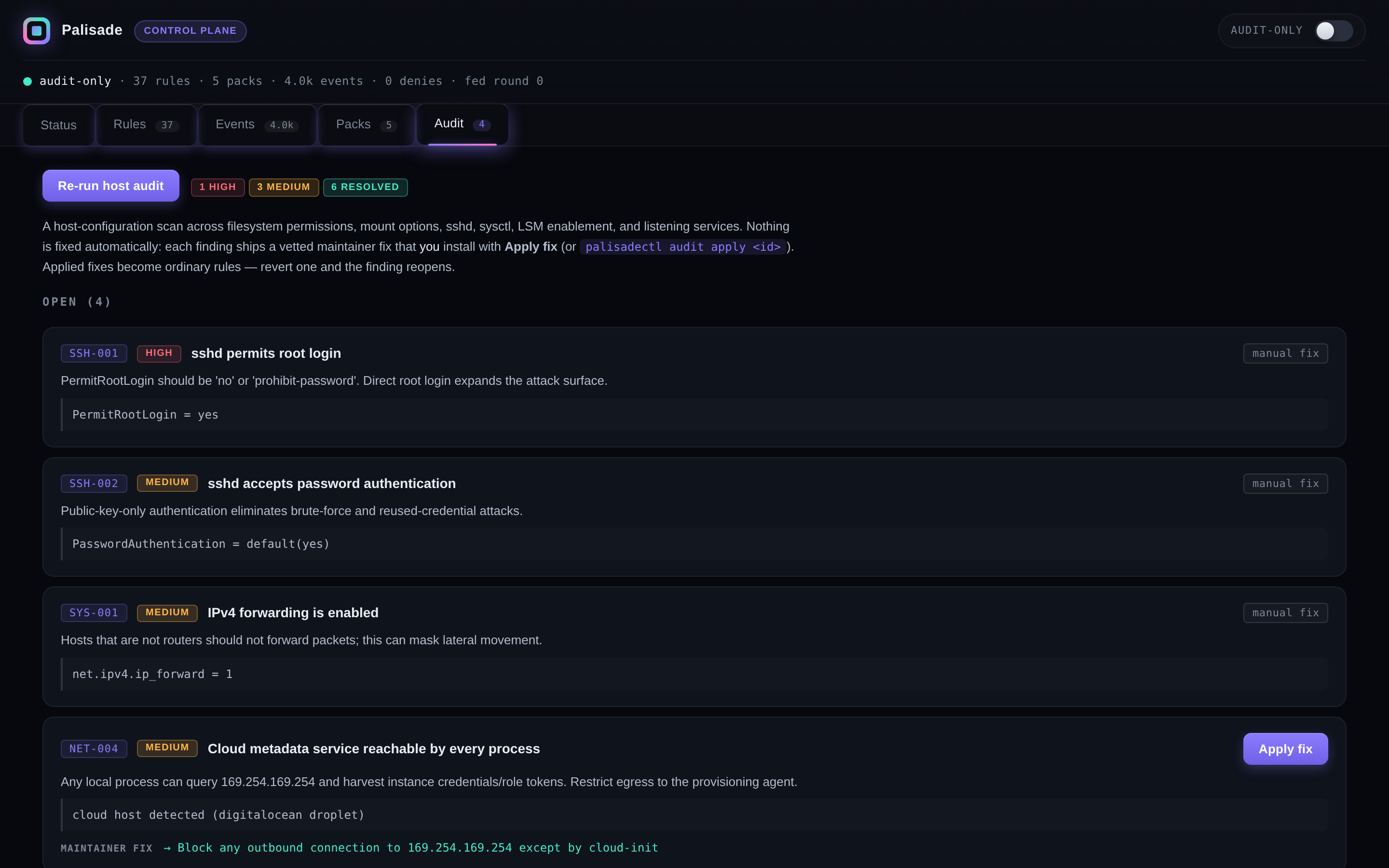 The Palisade host audit: findings ranked by severity, including sshd permits root login (high) and cloud metadata service reachable by every process (medium) with a one-click Apply fix button.